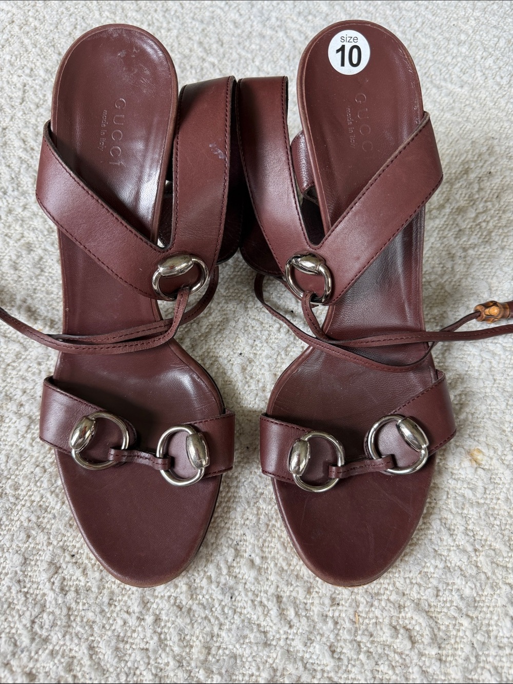 Gucci Brown Leather Horsebit Wrap-Heel Sandals